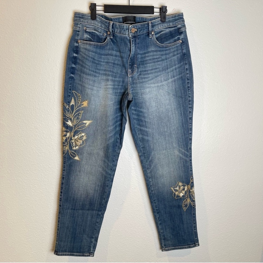 White House Black Market Mid Rise Girlfriend Jeans Gold Floral Embroidered Sz 12 - Picture 1 of 6
